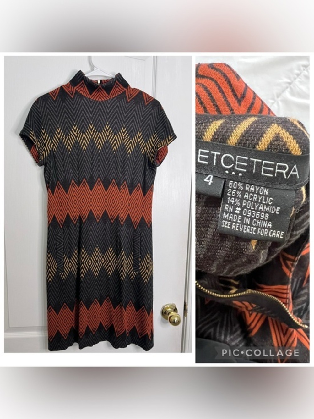 Etcetera Black Geo-Print Knit Mini Dress with Rust & Gold Accents size 4